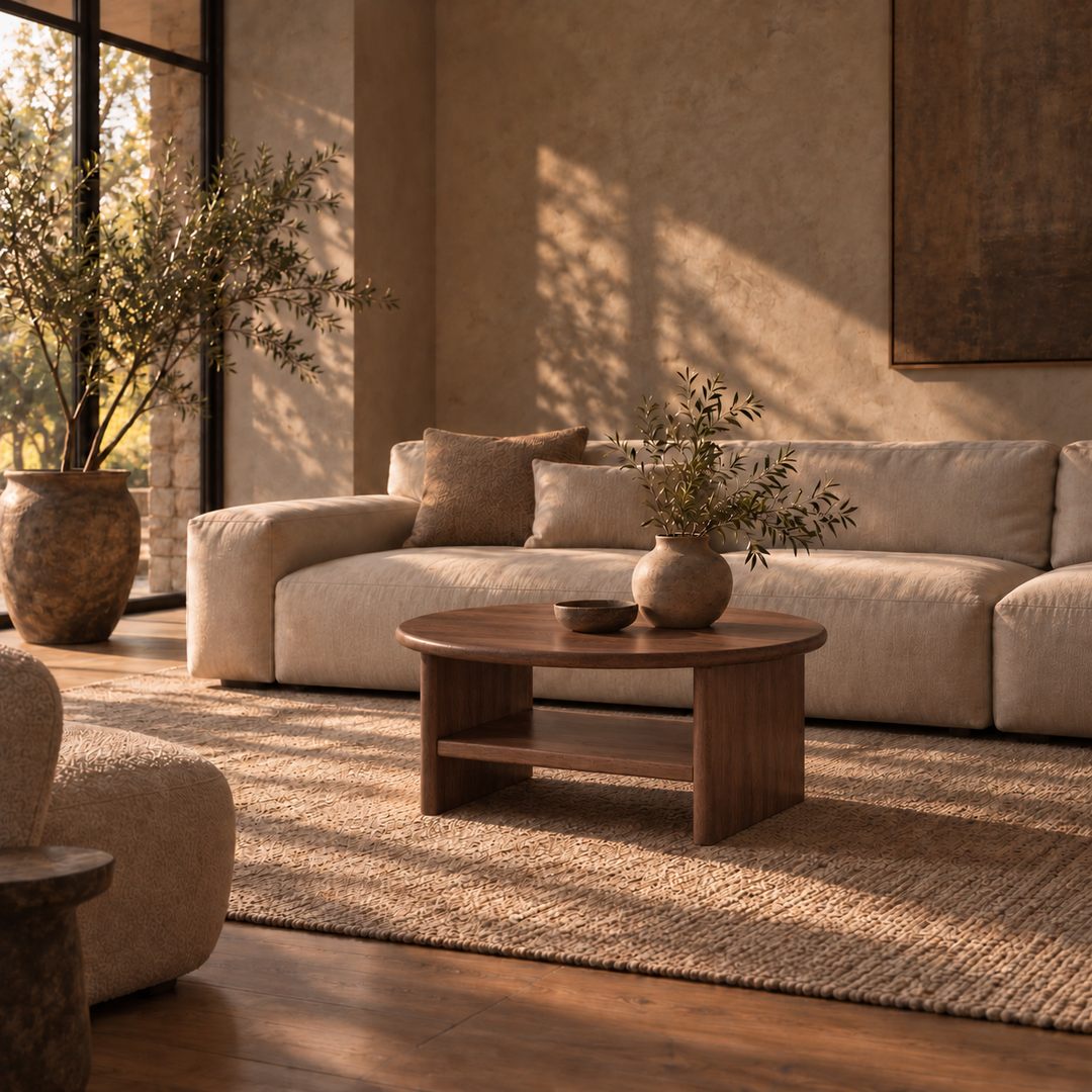 Round coffee table with shelf in walnut — living room