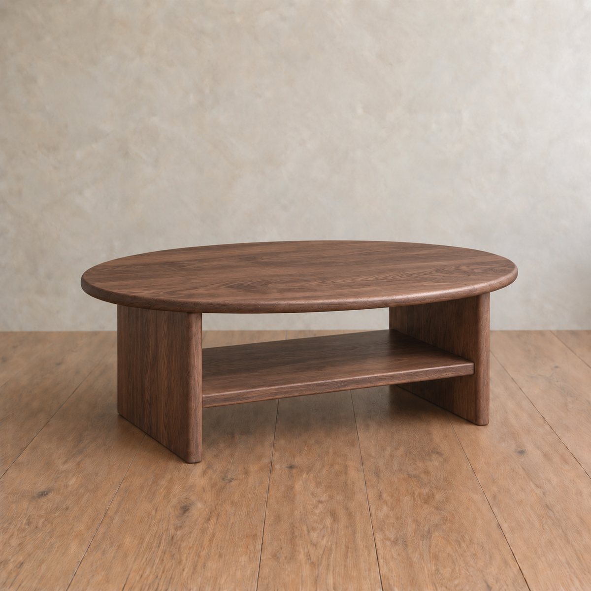 Round coffee table with shelf in walnut