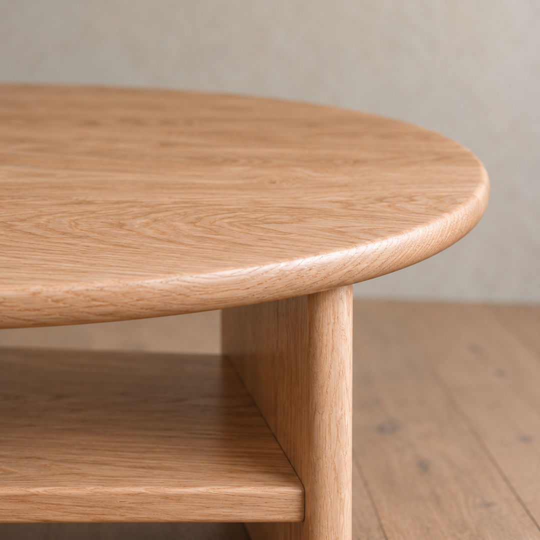 Round coffee table with shelf in white oak — edge detail