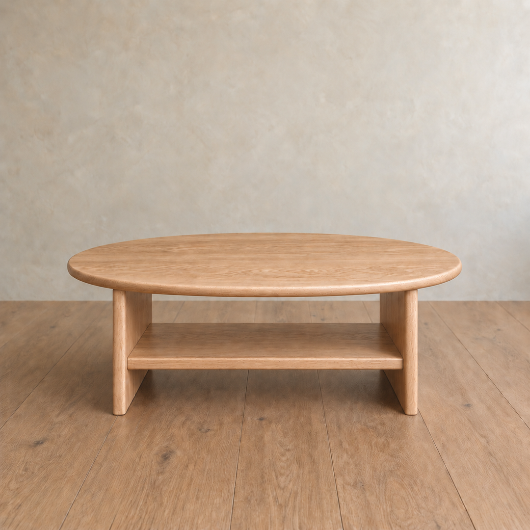 Round coffee table with shelf in white oak — front view