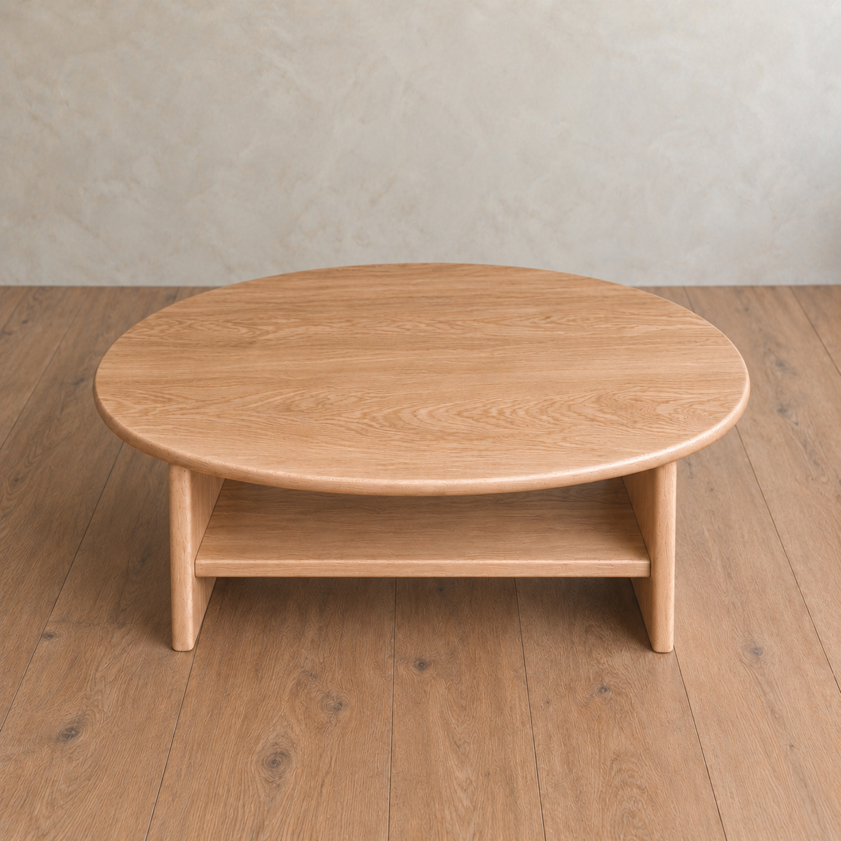 Round coffee table with shelf in white oak — high angle