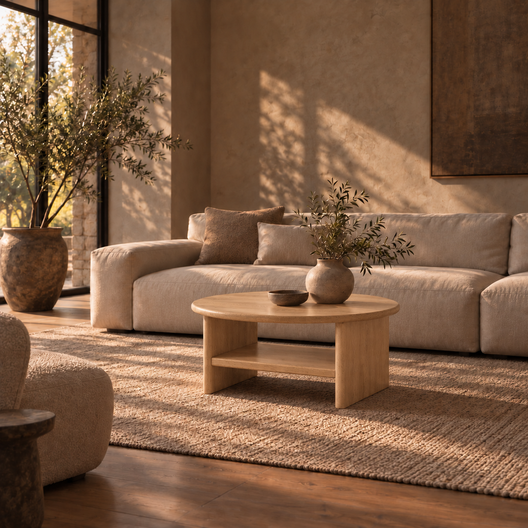 Round coffee table with shelf in white oak — living room