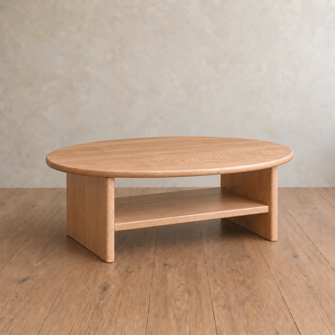 Round coffee table with shelf in white oak