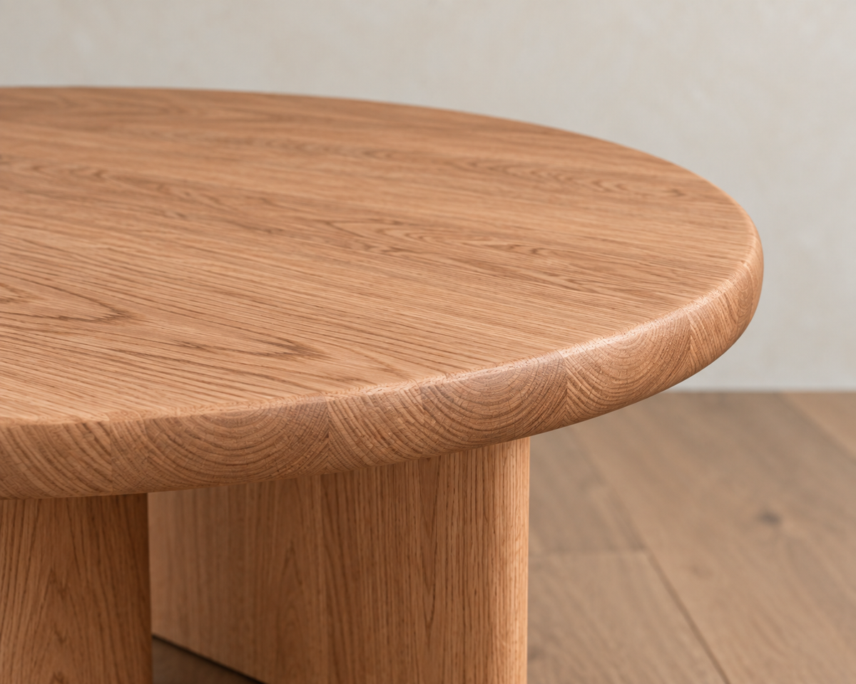 Close-up of the Round coffee table in red oak, handmade in Vancouver from solid red oak with visible grain patterns, placed on a wooden floor in a neutral-colored room.