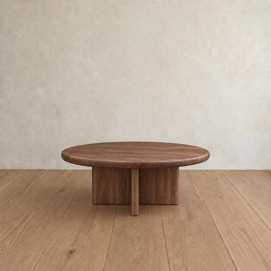 A Round coffee table in walnut, featuring a thick, solid top and sturdy base, is placed on a light wood floor against a beige textured wall.