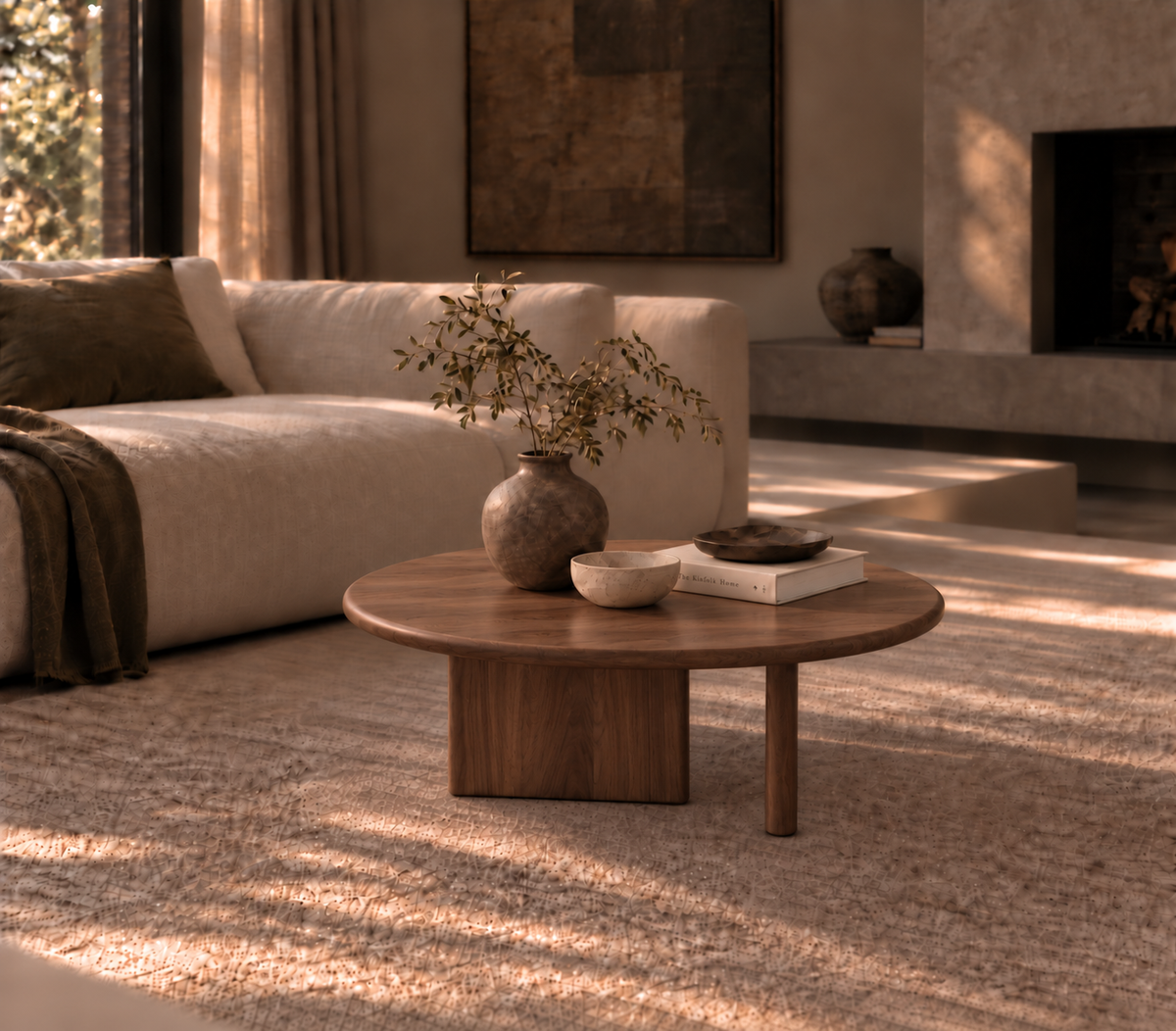 A cozy living room with a beige sofa, a handmade round coffee table in walnut holding a vase with branches, books, and a bowl, and soft natural light filtering through the window. Neutral tones and minimalistic decor create a calm atmosphere.
