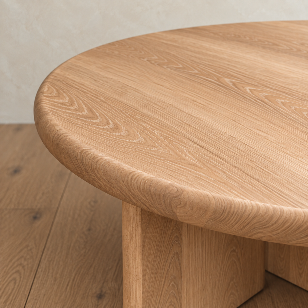 A close-up of the Round coffee table in white oak, handmade in Vancouver with a smooth surface and visible wood grain, displayed on a matching wood floor against a light-colored wall.