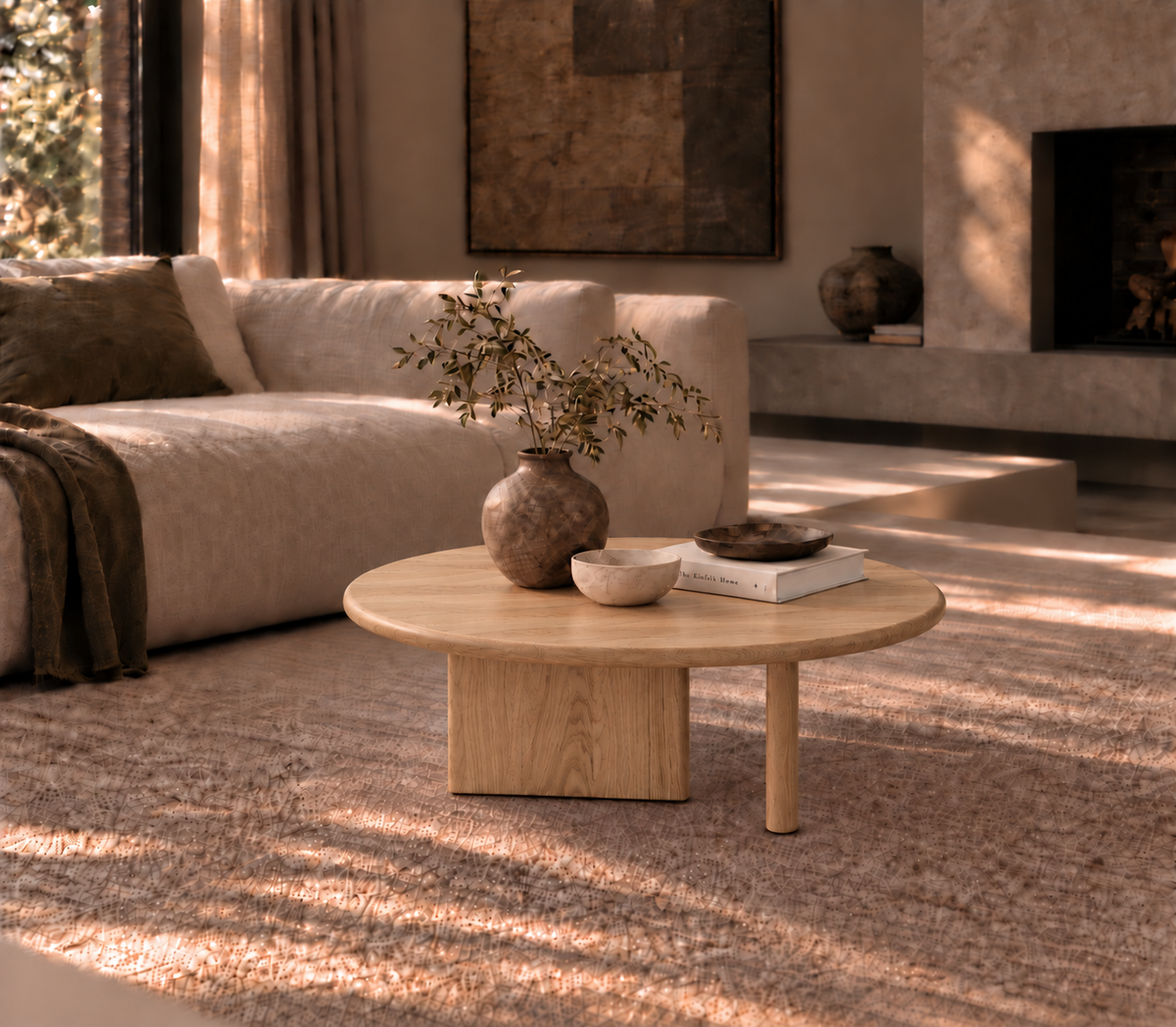 A Round coffee table in white oak, handmade in Vancouver, adorned with a vase, bowl, and books, sits on a beige rug in a cozy living room featuring a light sofa, textured walls, and sunlight streaming through sheer curtains.