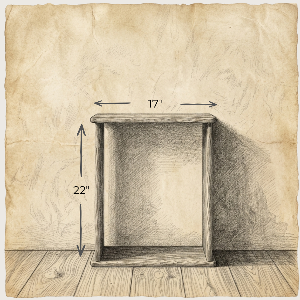 A pencil sketch of the Side table in white oak, handmade in Vancouver. The minimalist, rectangular table measures 17" wide by 22" tall and is shown on a wooden floor against a textured wall backdrop.