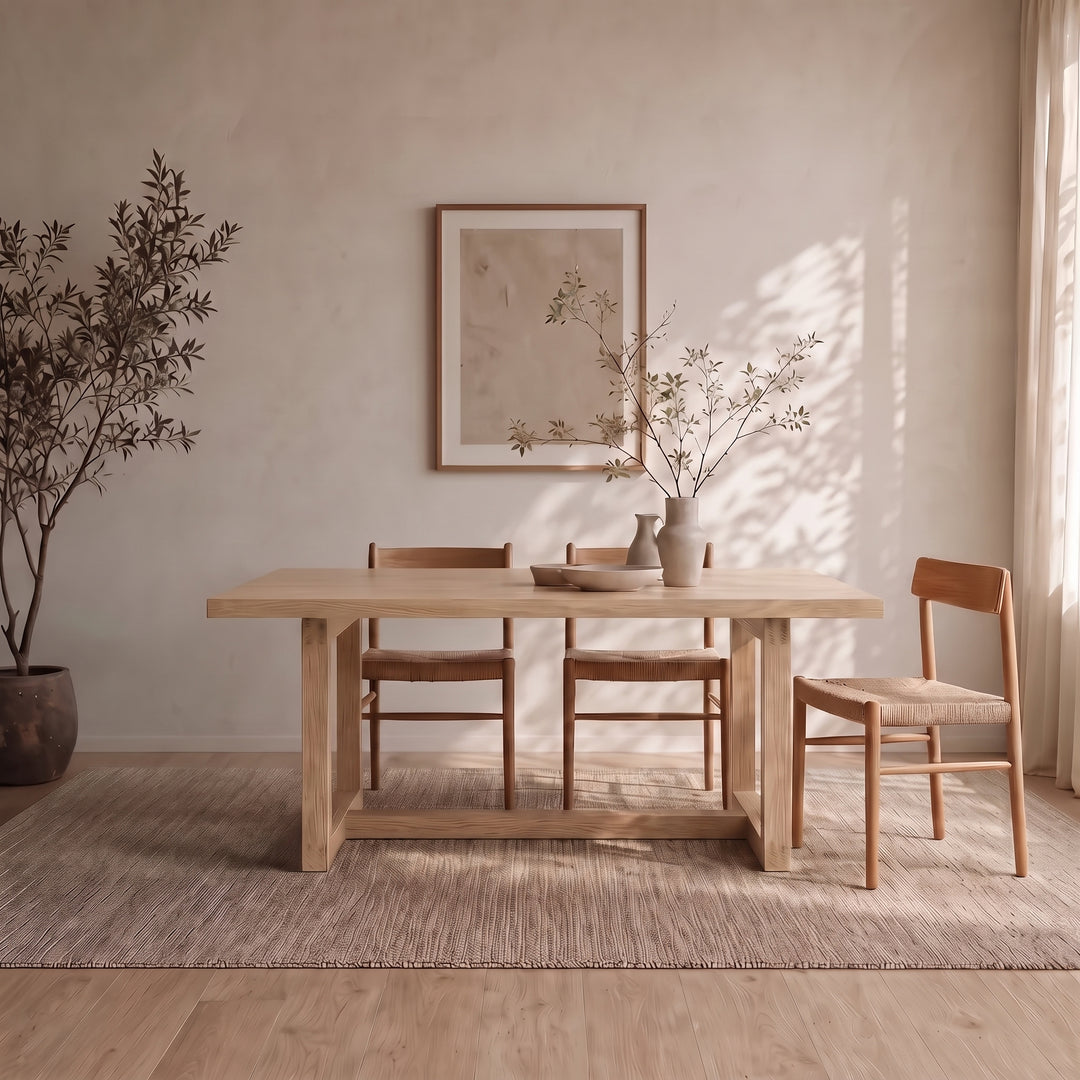 A minimalist dining room features a 6 person dining table in white oak, three chairs, a neutral rug, a potted plant, and a framed abstract artwork on a beige wall illuminated by natural sunlight.