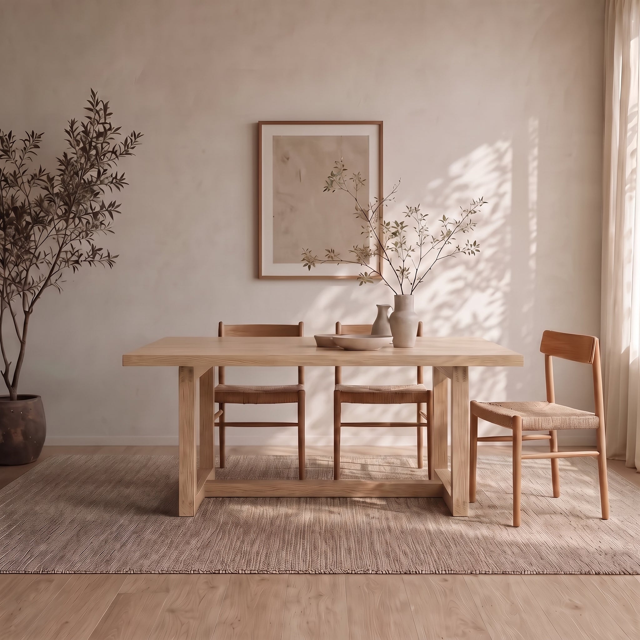 A minimalist dining room features a 6 person dining table in white oak, three chairs, a neutral rug, a potted plant, and a framed abstract artwork on a beige wall illuminated by natural sunlight.