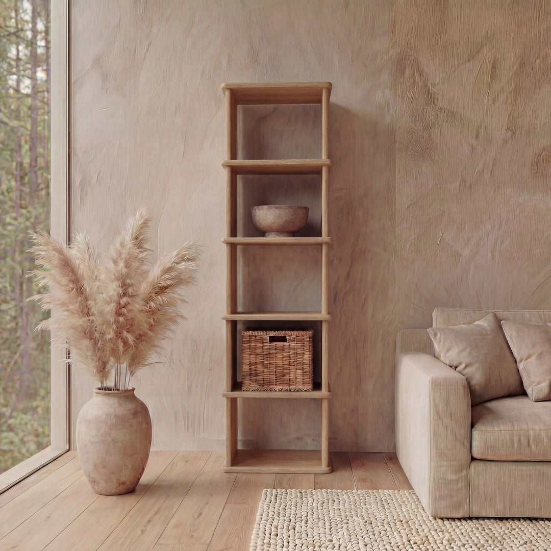 skinny bookcase in white oak