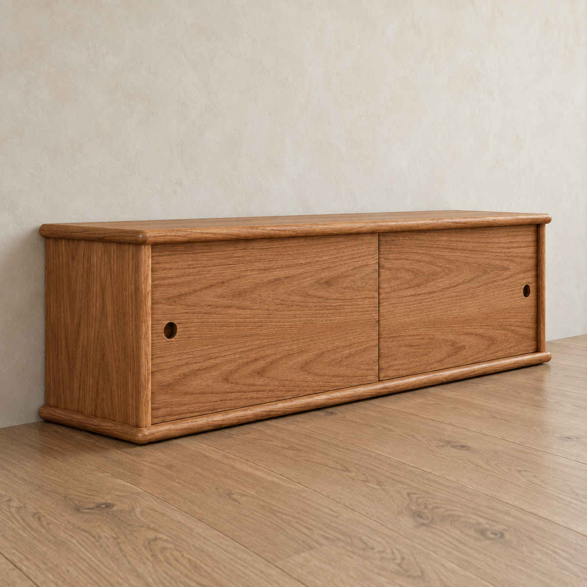 Sliding door media unit in red oak — angled view