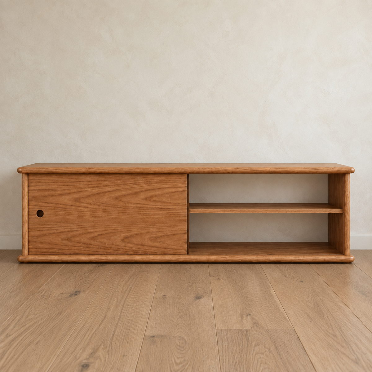 Sliding door media unit in red oak — door open