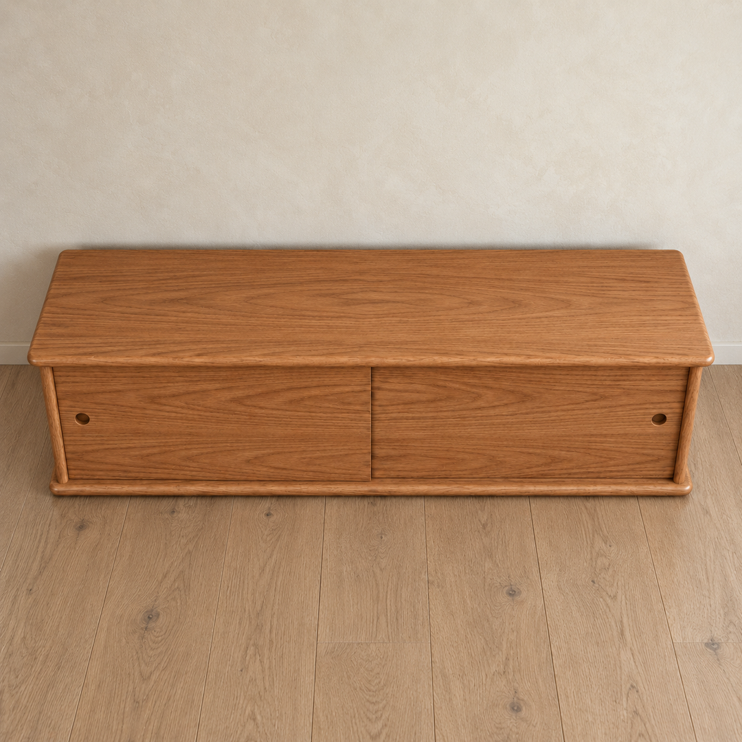 Sliding door media unit in red oak — high angle