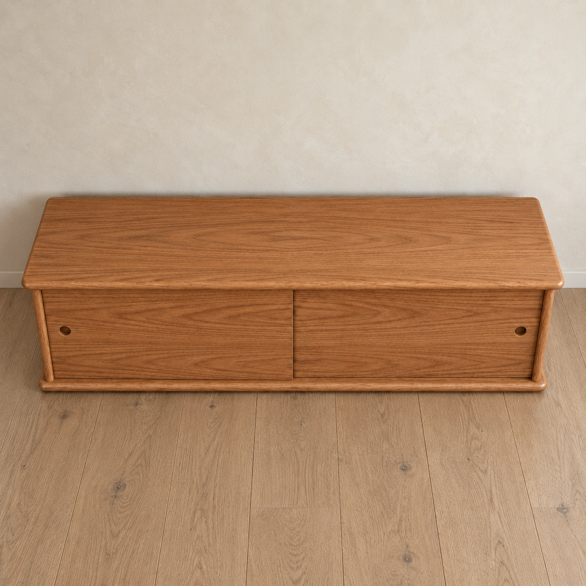 Sliding door media unit in red oak — high angle