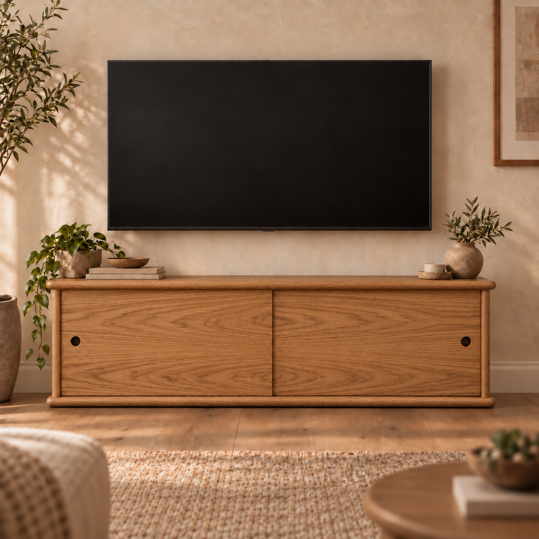 Sliding door media unit in red oak — living room