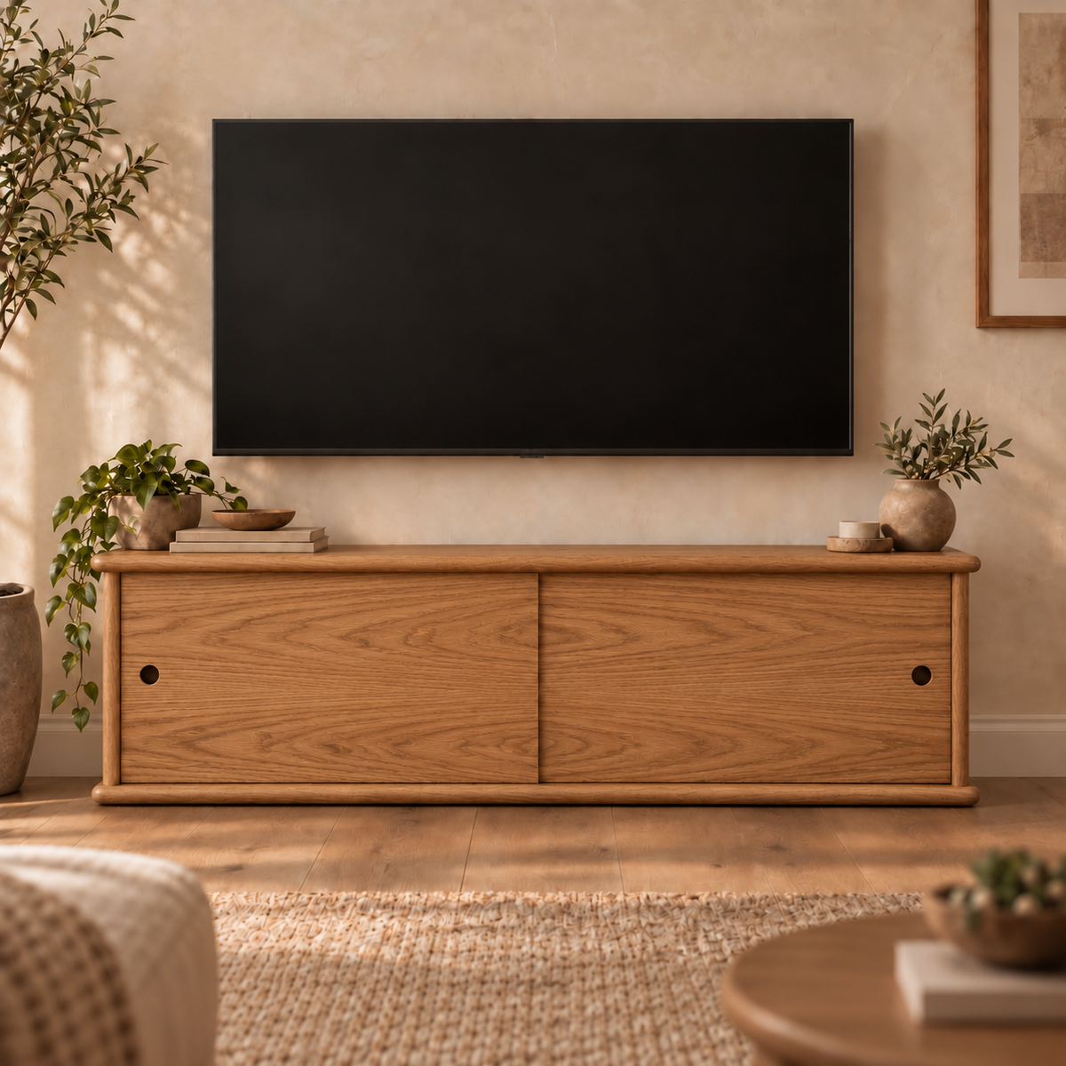 Sliding door media unit in red oak — living room