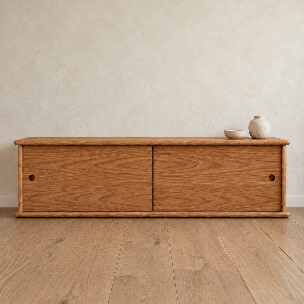 Sliding door media unit in red oak — with decor