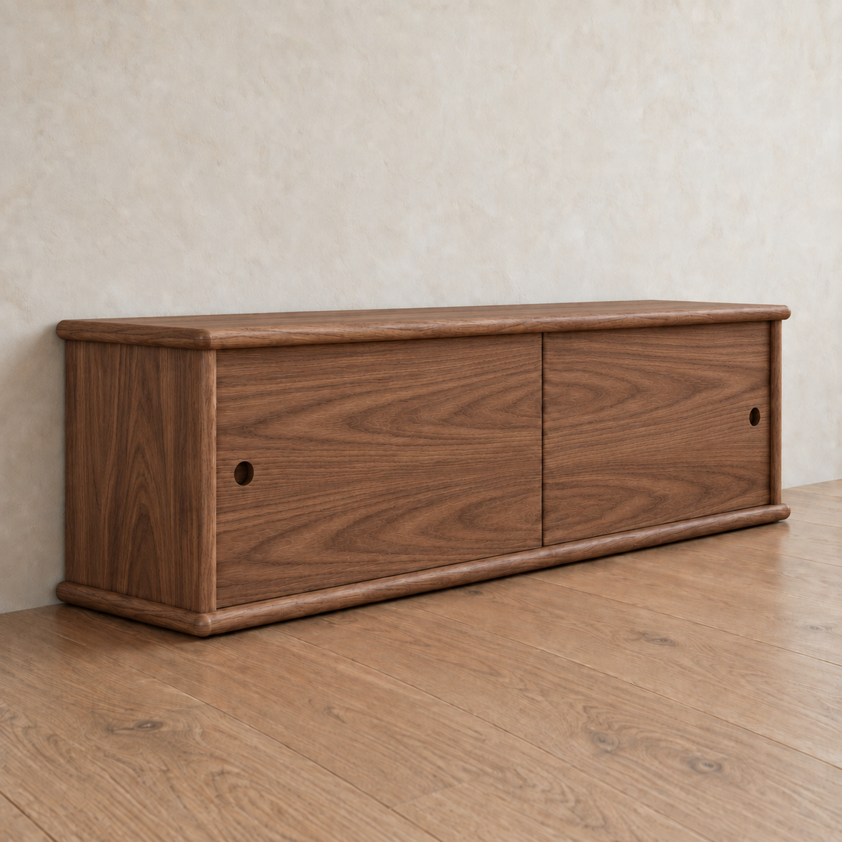 Sliding door media unit in walnut — angled view