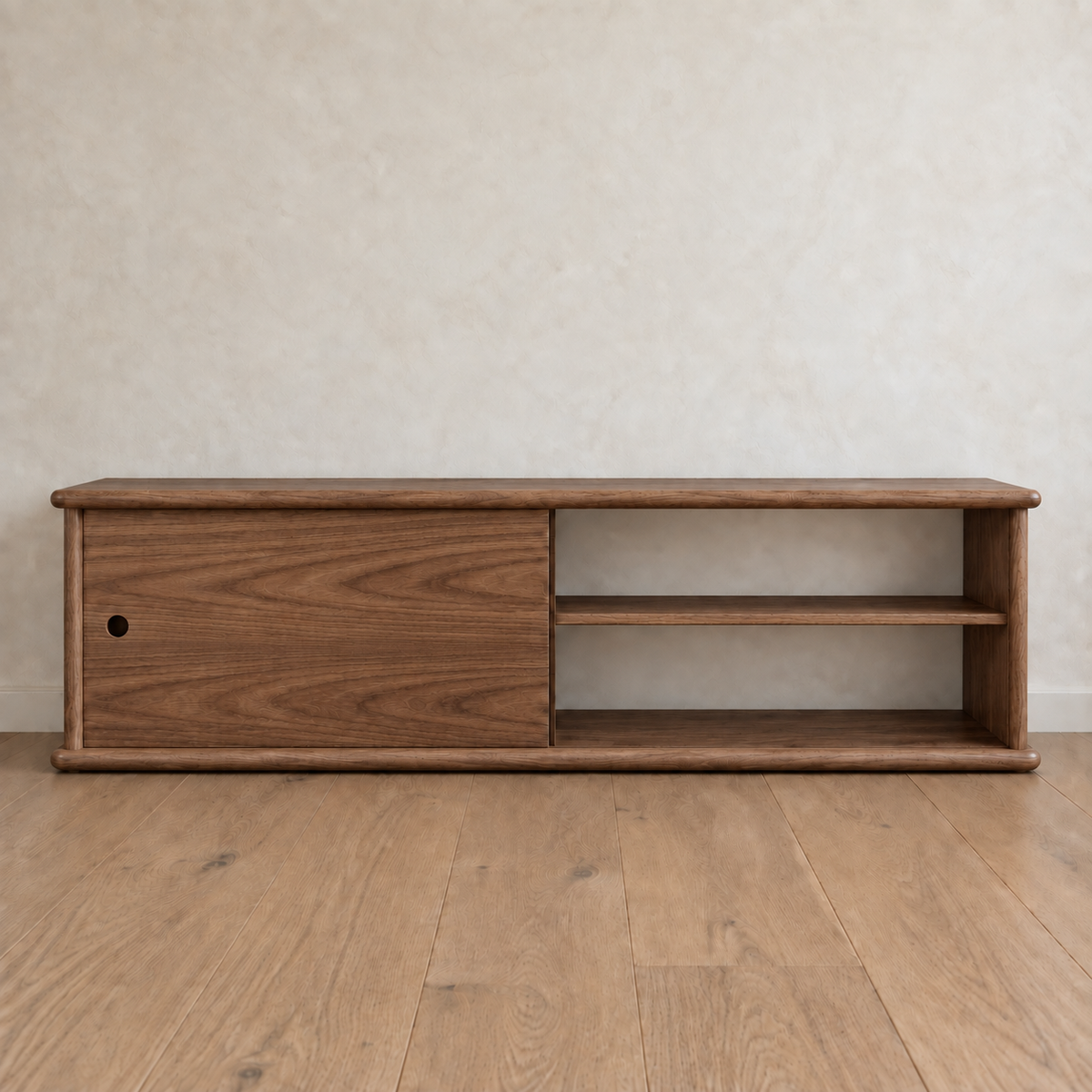 Sliding door media unit in walnut — door open