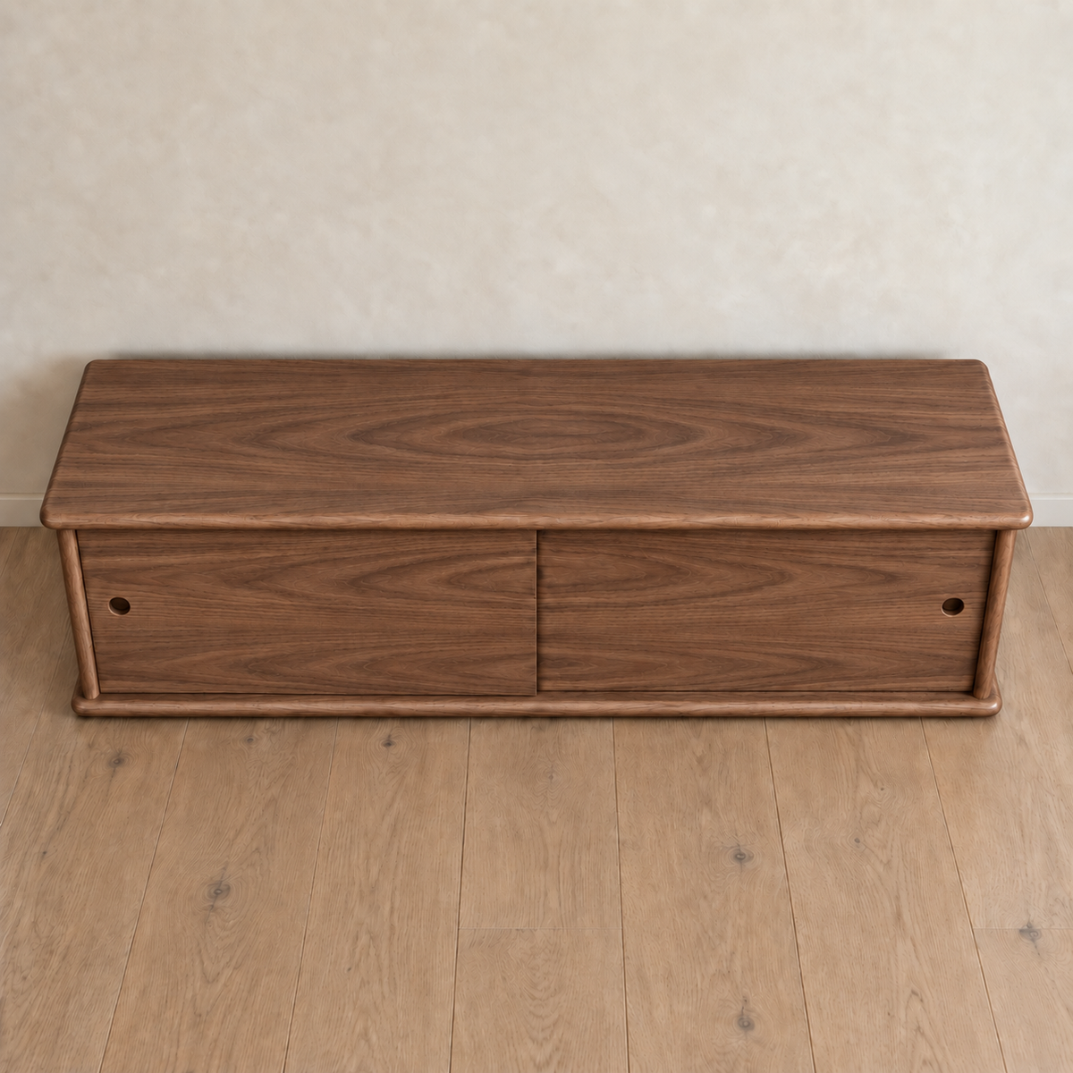 Sliding door media unit in walnut — high angle
