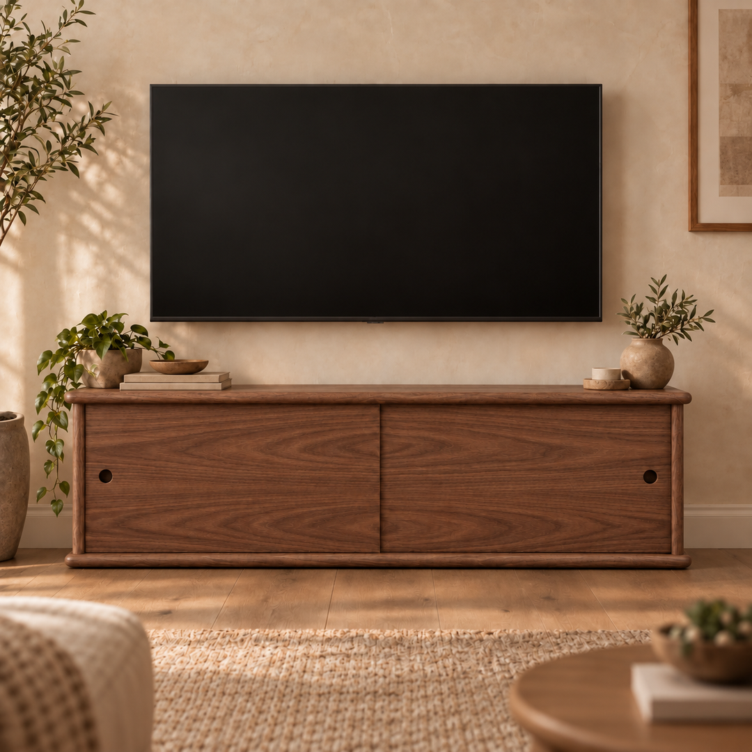 Sliding door media unit in walnut — living room