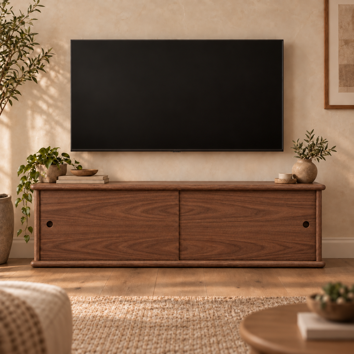 Sliding door media unit in walnut — living room