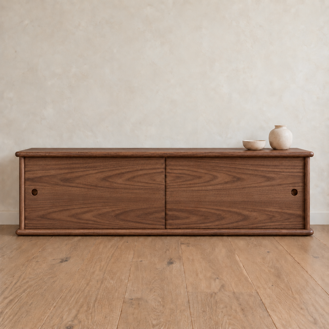 Sliding door media unit in walnut — with decor