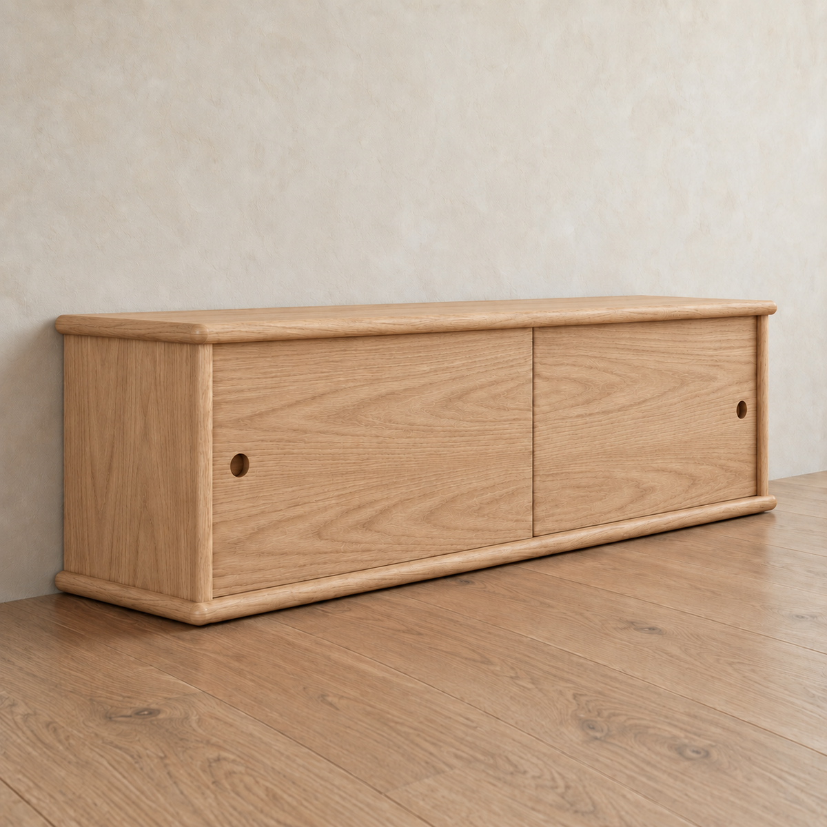 Sliding door media unit in white oak — angled view