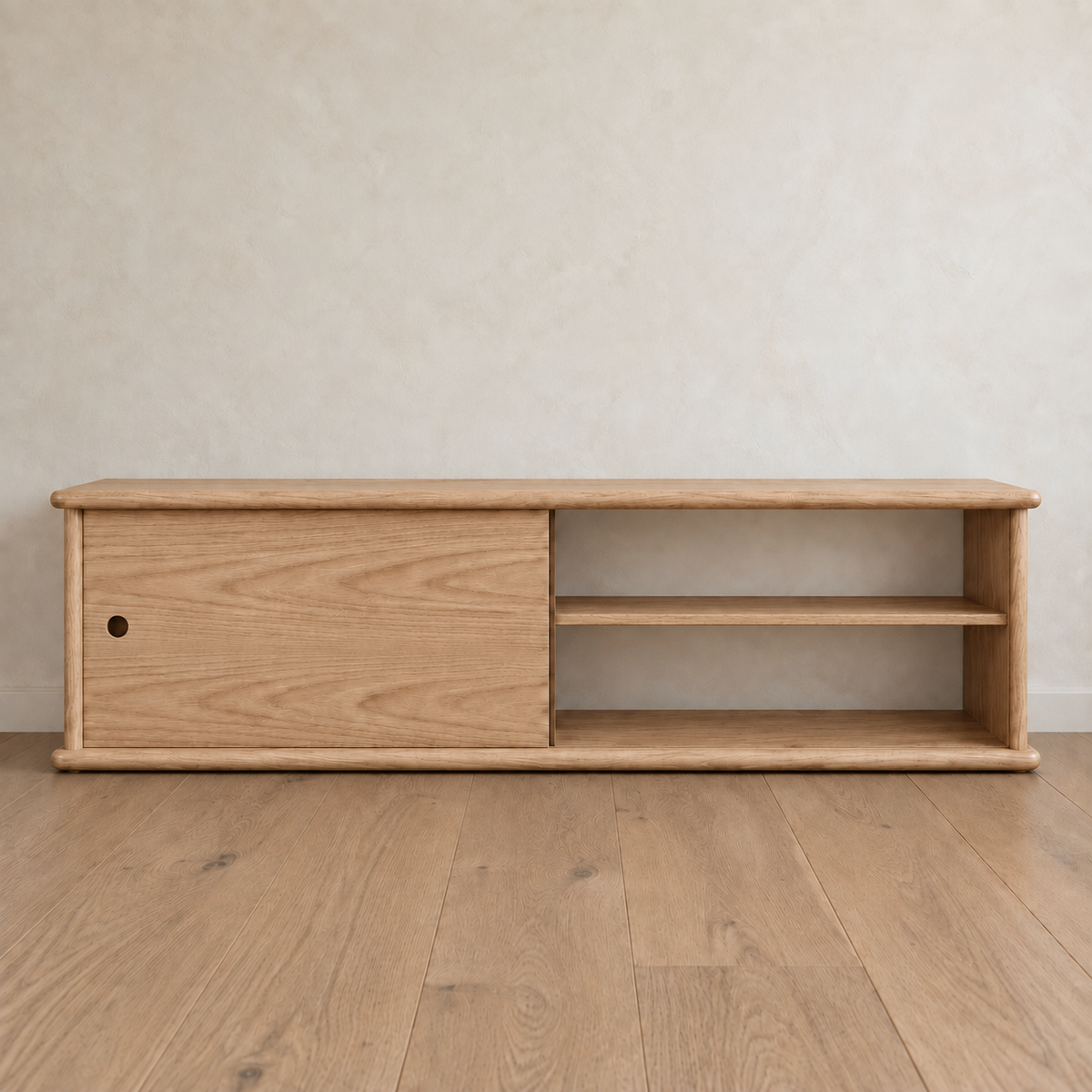 Sliding door media unit in white oak — door open