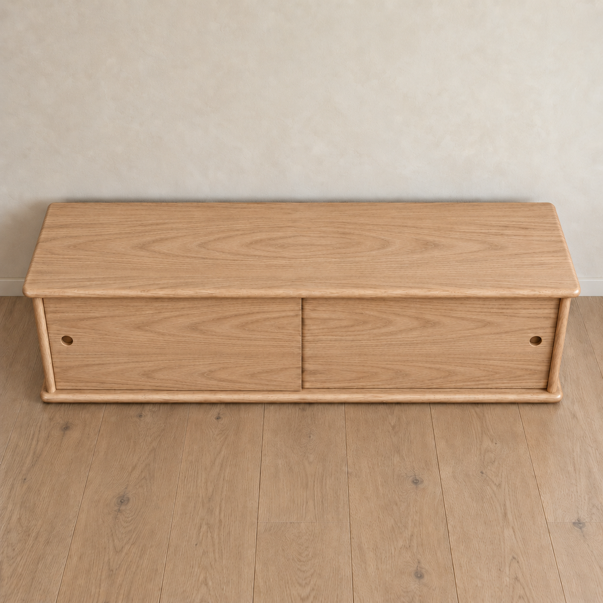 Sliding door media unit in white oak — high angle