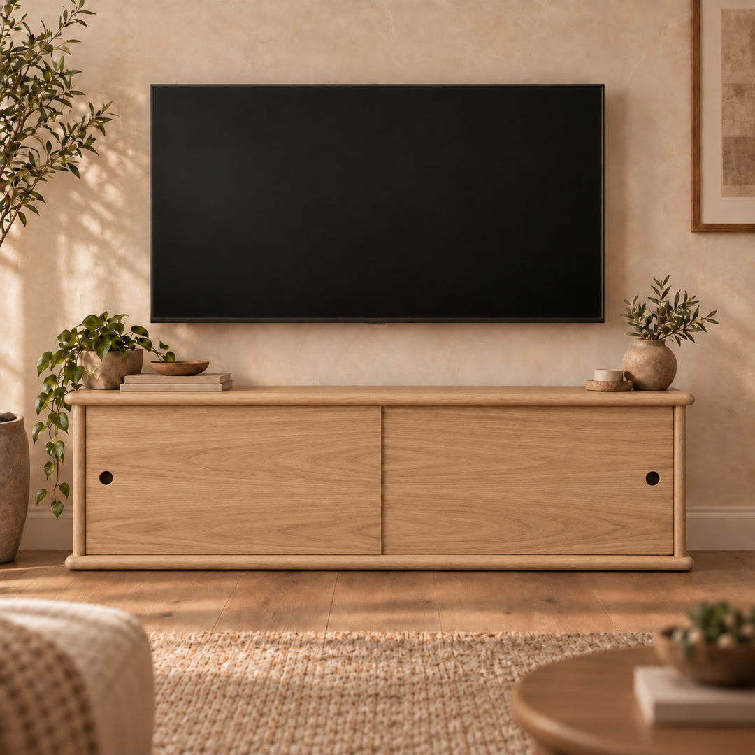 Sliding door media unit in white oak — living room