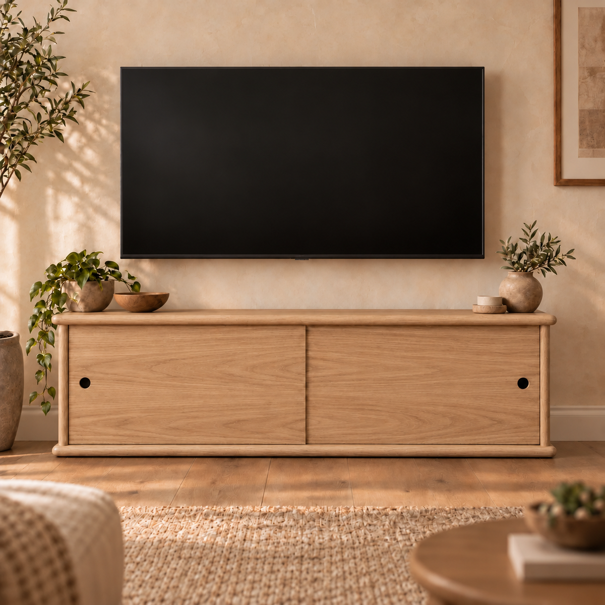 The sliding door media unit in white oak under a wall-mounted TV in a sunlit living room, with plants and small bowls on top.