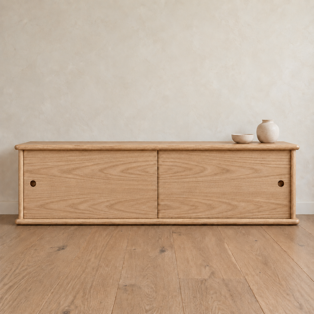 Sliding door media unit in white oak — with decor