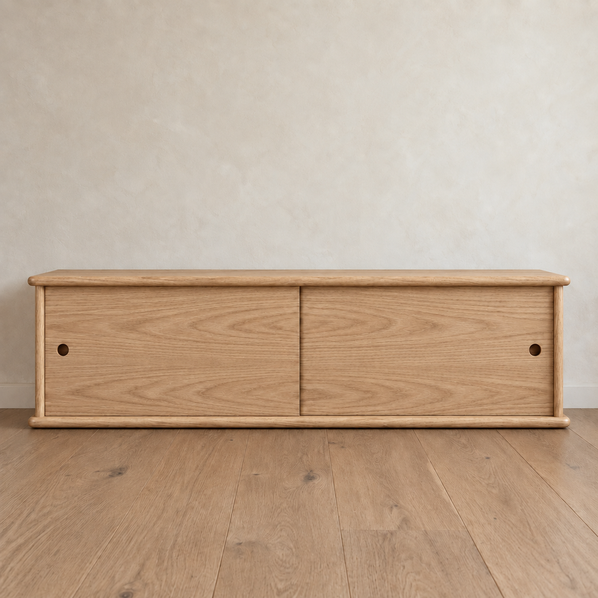 Sliding door media unit in white oak