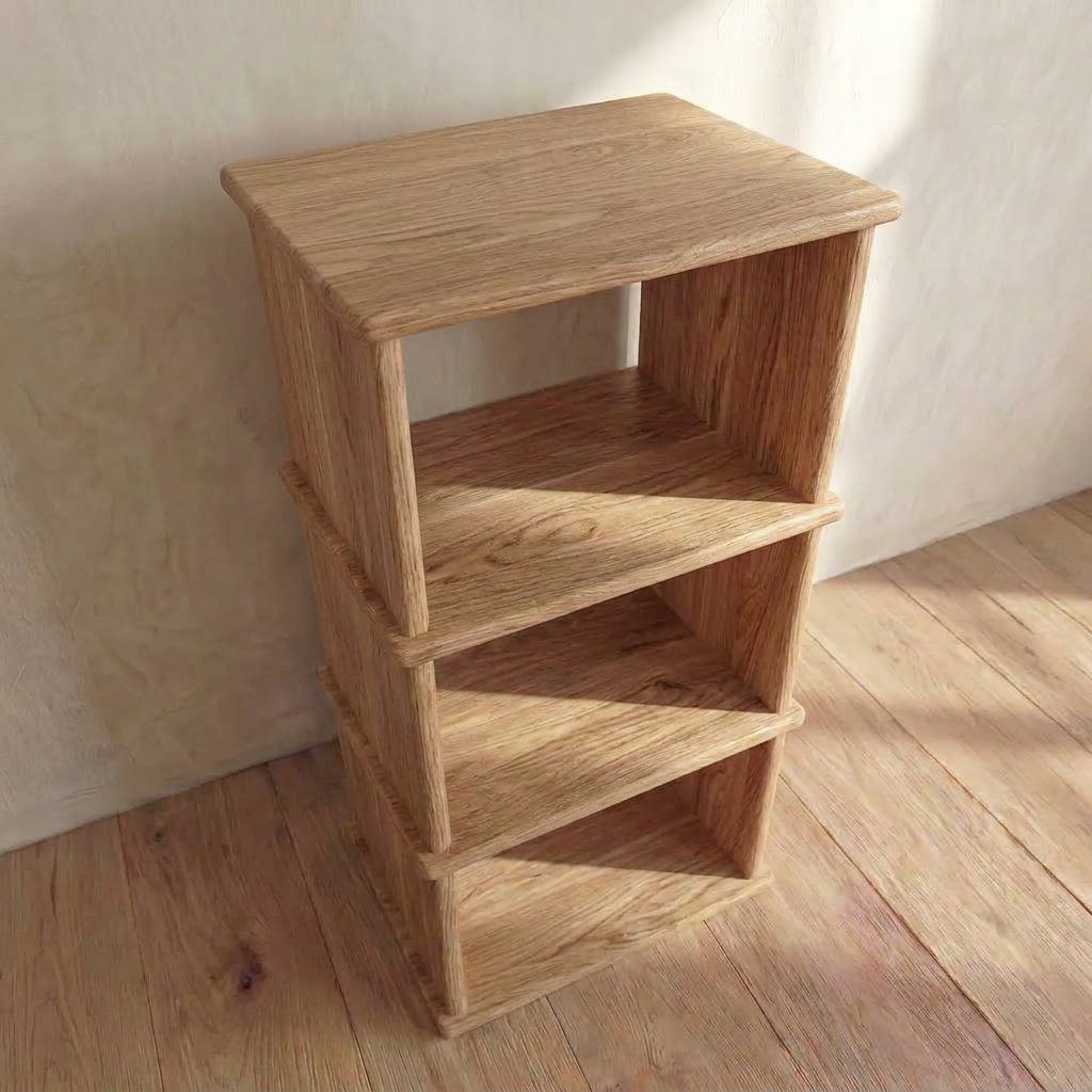 The Small bookshelf in white oak is handmade and features four open rectangular compartments. Placed on a wooden floor by a light-colored wall, sunlight casts gentle shadows across the shelf and the floor.