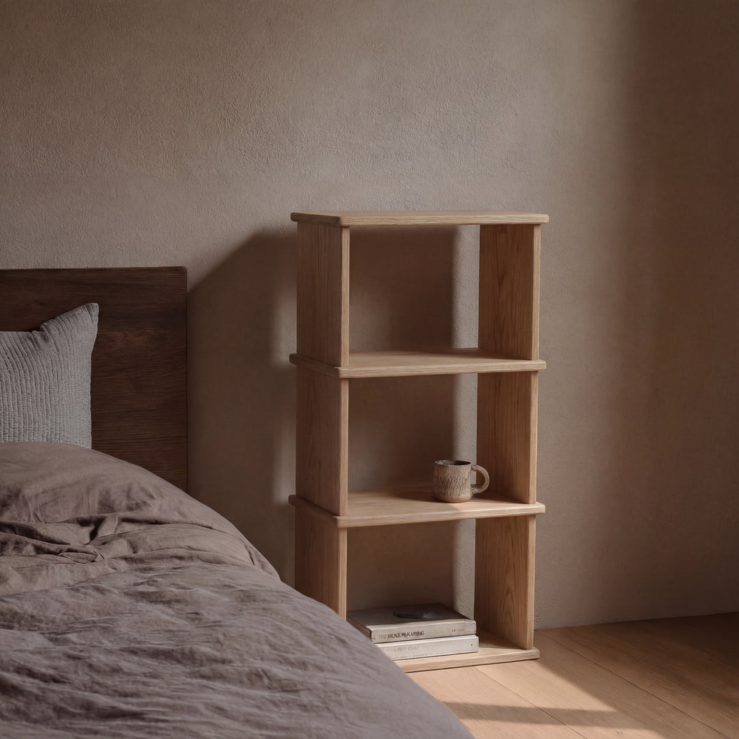small minimalist bookshelf in white oak