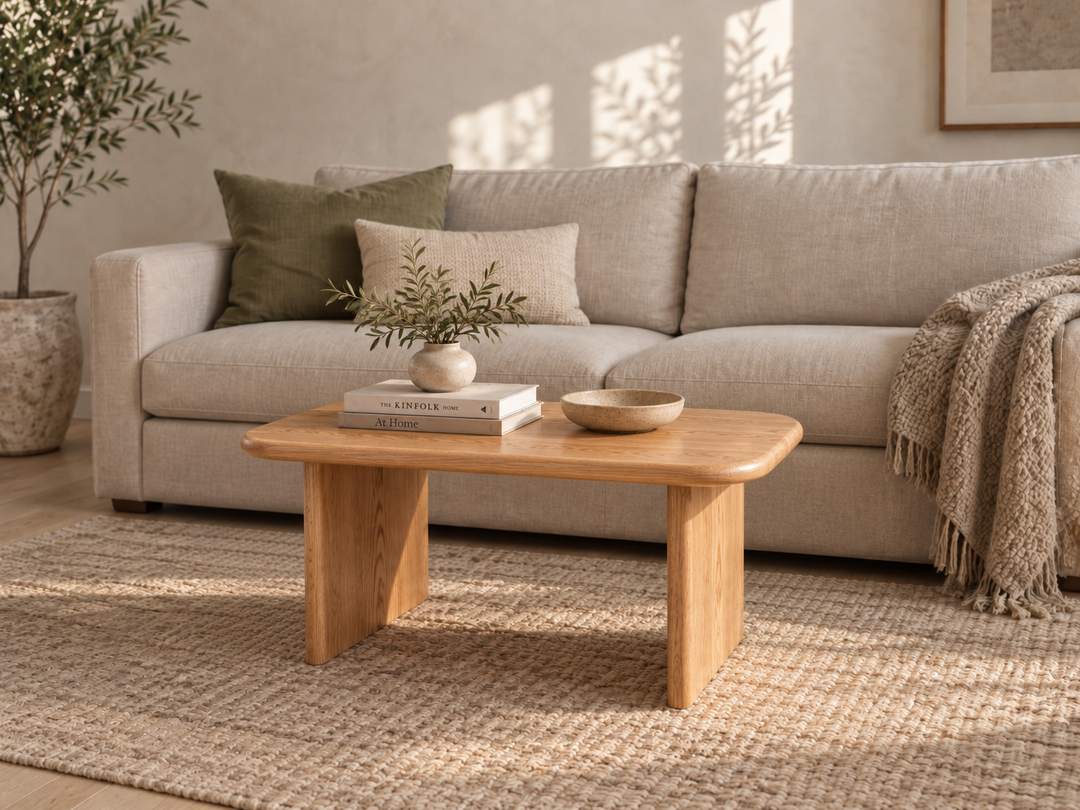 A cozy living room features a beige sofa accented with a green pillow and a woven throw, centered around the 40 inch coffee table in red oak displaying books, a bowl, and a small plant, all atop a textured rug bathed in sunlight.