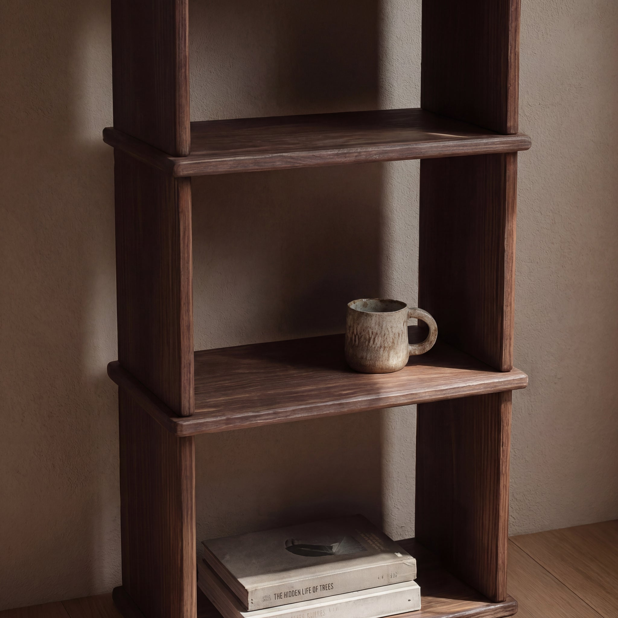 small walnut bookshelf zoomed in