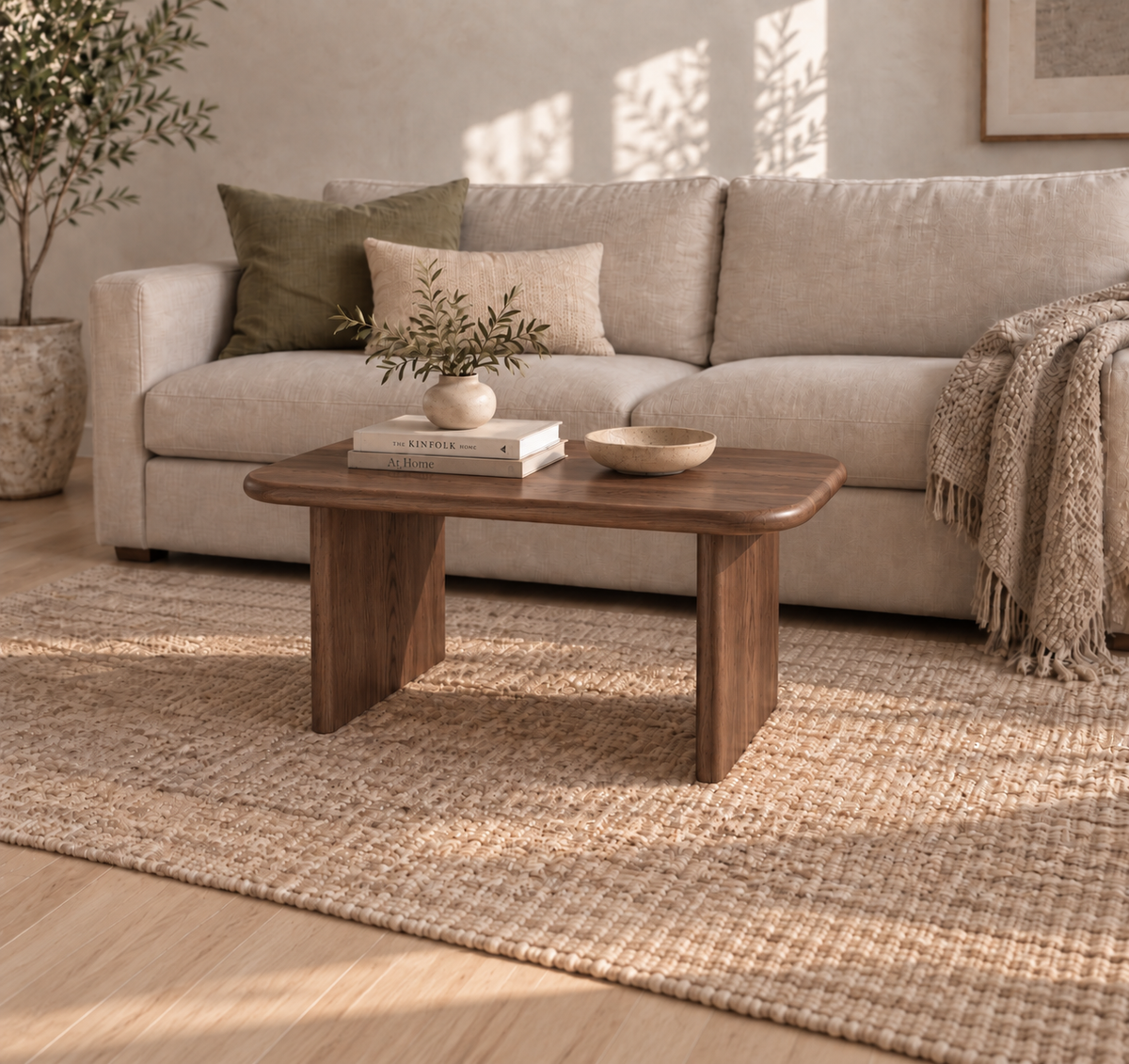 A cozy living room featuring a beige sofa, green and beige pillows, a textured throw, a 40 inch coffee table in walnut adorned with books and a bowl, a woven rug, and a potted plant in the corner—all in soothing neutral tones with soft lighting.