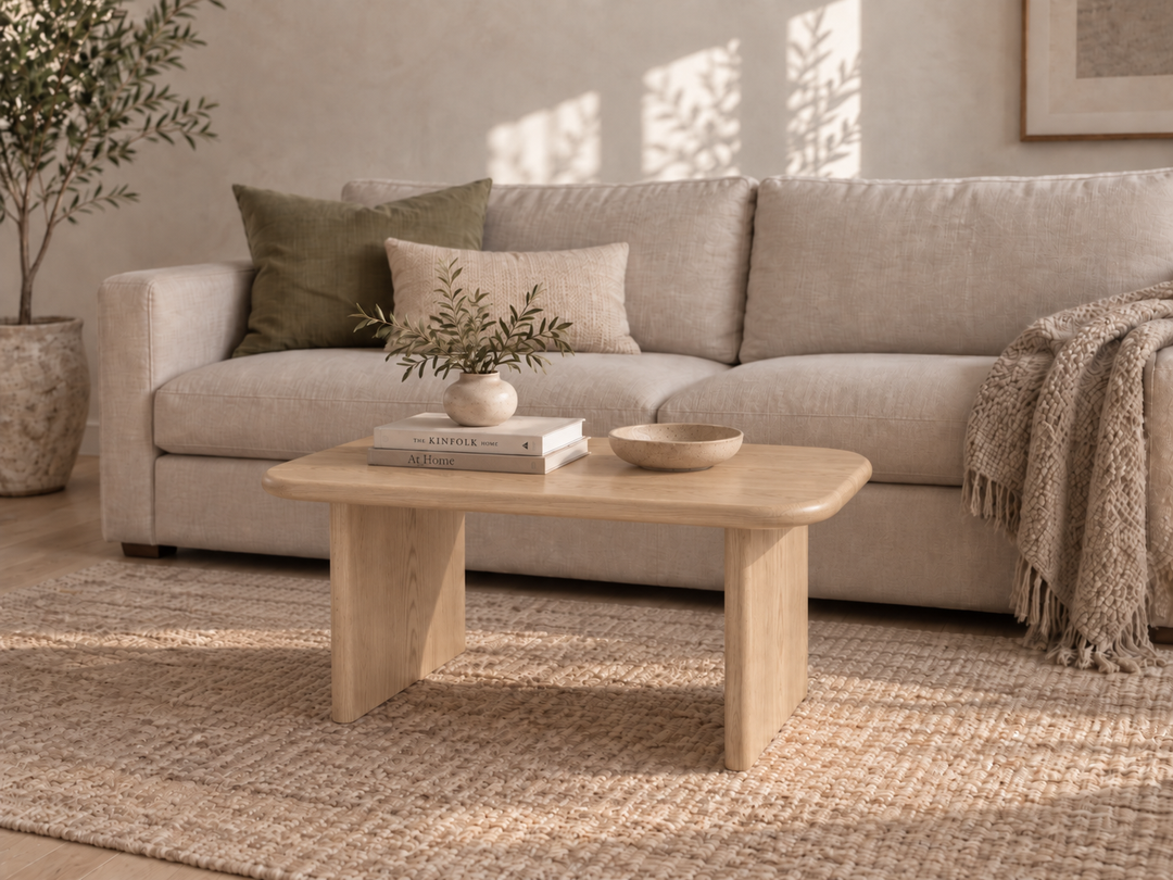 A 40 inch coffee table in white oak sits in front of a beige sofa decorated with green pillows and a throw blanket. Arranged with books, a bowl, and a vase, the table complements the room’s neutral decor and is beautifully illuminated by natural sunlight.