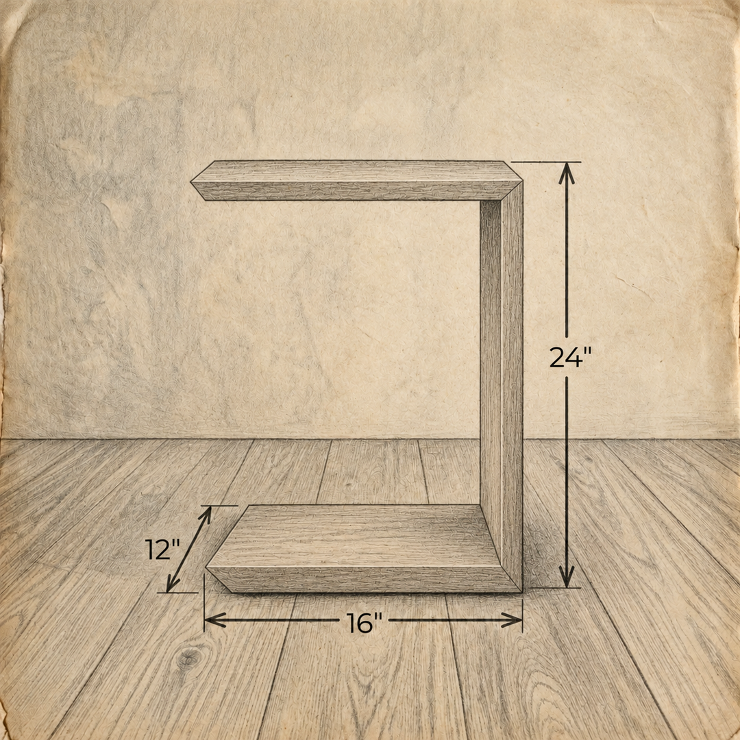 Technical drawing of the handmade Sofa side table, shaped like a C and measuring 24 inches high, 16 inches wide, and 12 inches deep.