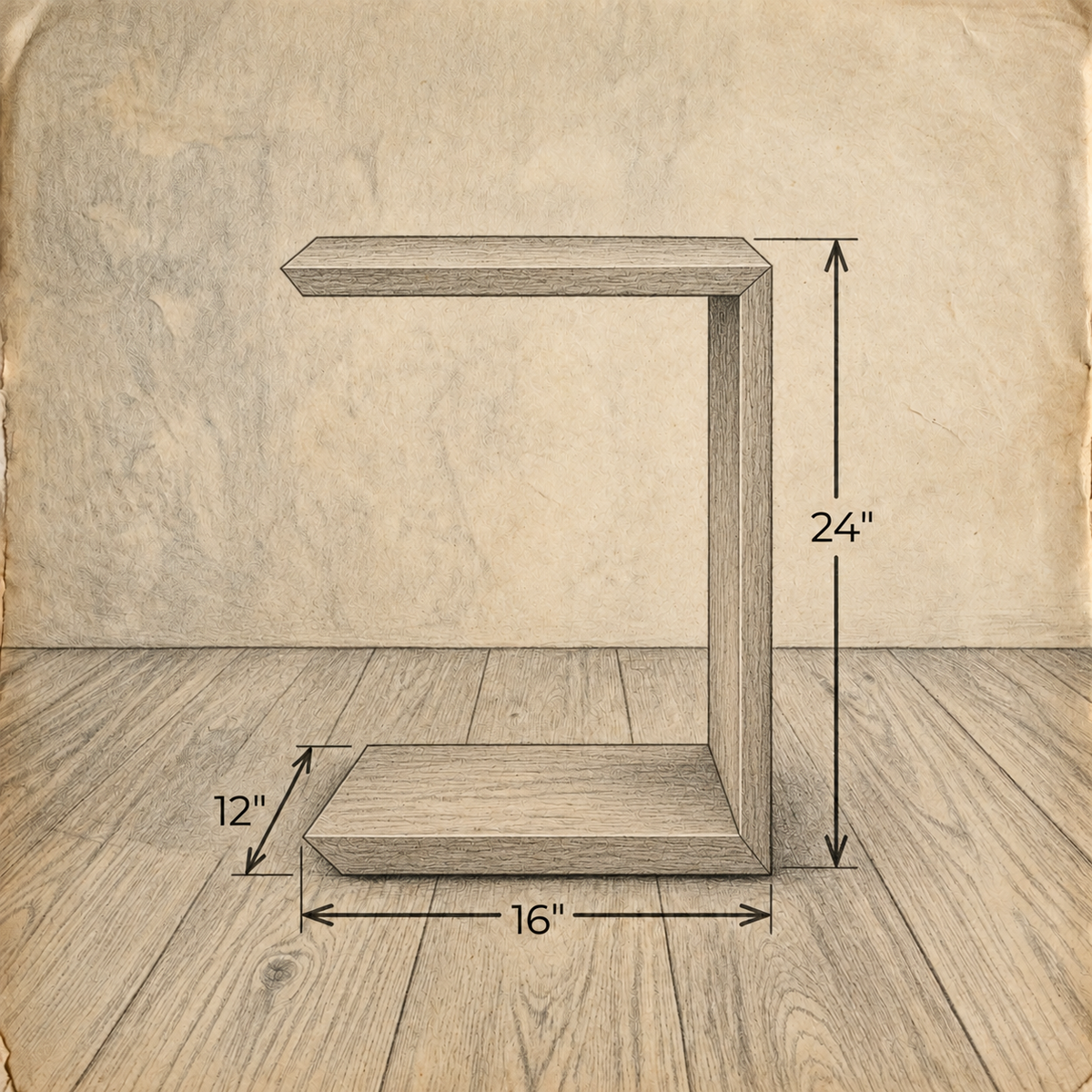 Technical drawing of the handmade Sofa side table, shaped like a C and measuring 24 inches high, 16 inches wide, and 12 inches deep.