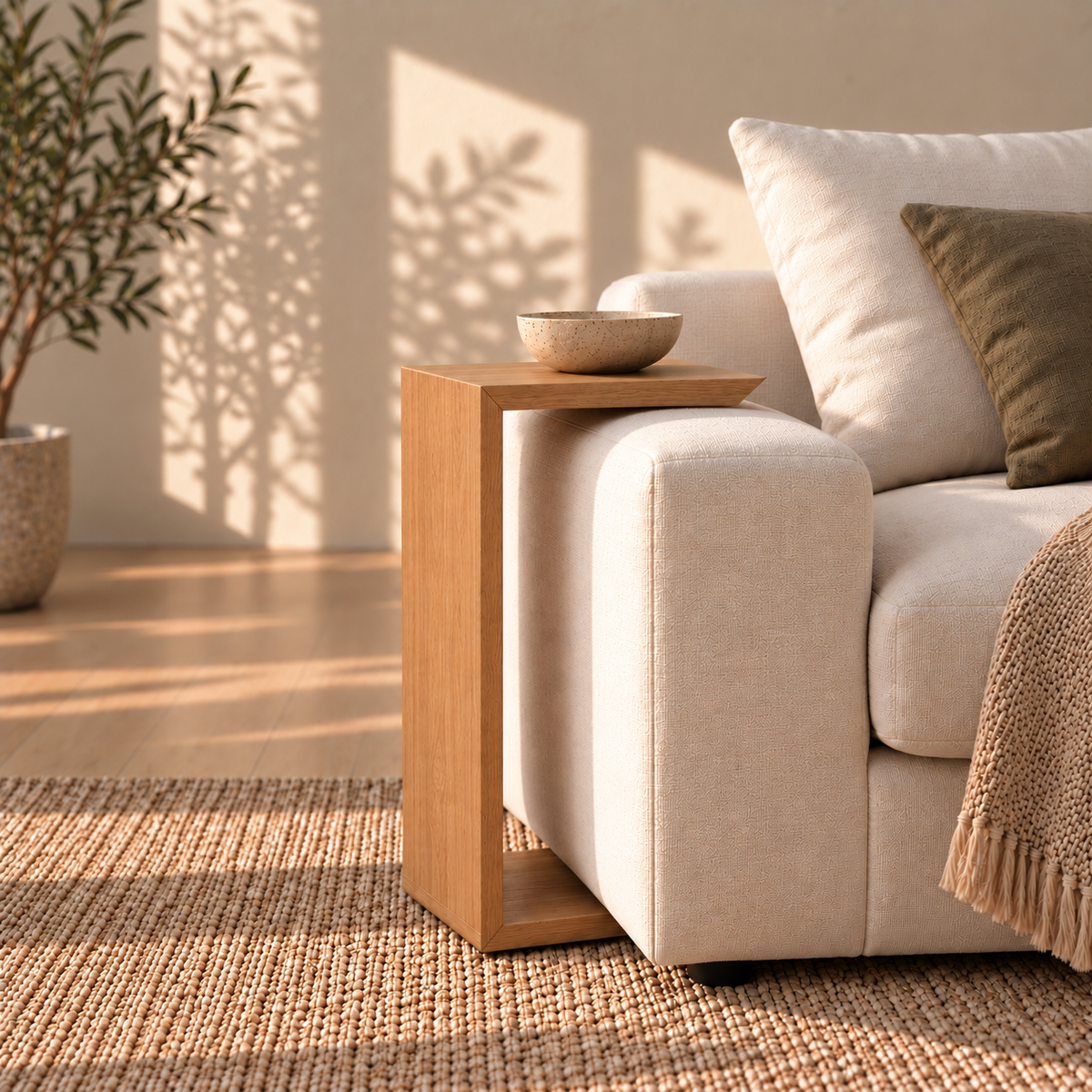 Sofa side table in red oak — tucked under sofa
