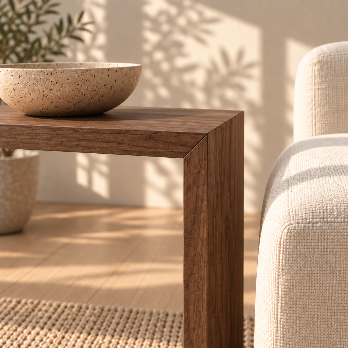 Sofa side table in walnut — joinery detail