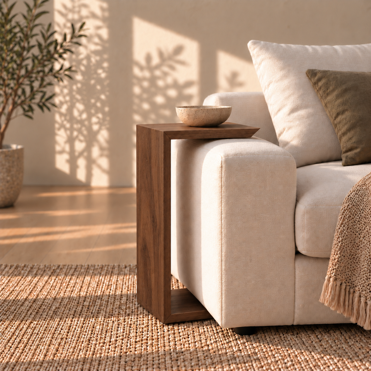 Sofa side table in walnut — tucked under sofa