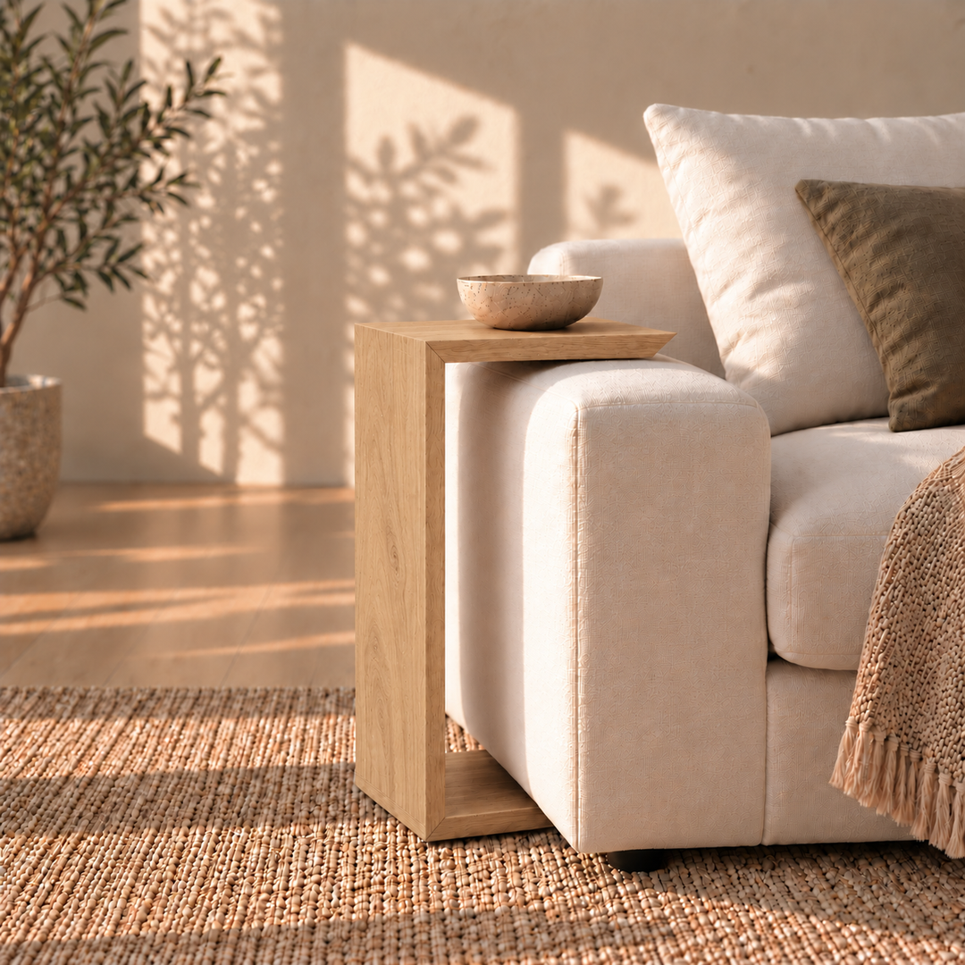 Sofa side table in white oak — tucked under sofa