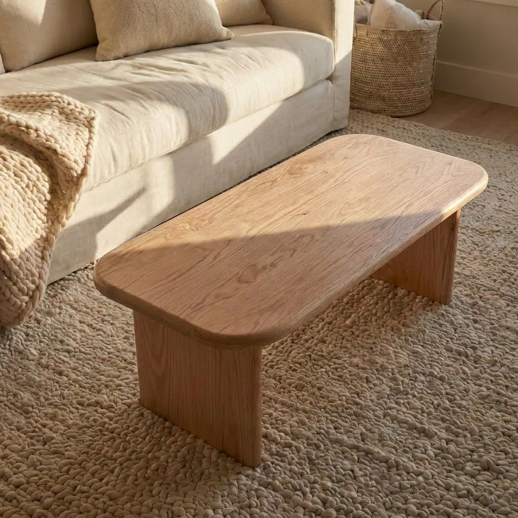 A 40 inch coffee table in red oak sits on a textured beige rug in front of a cream-colored sofa with a knitted blanket draped over the arm. A woven basket rests near the wall in the background.