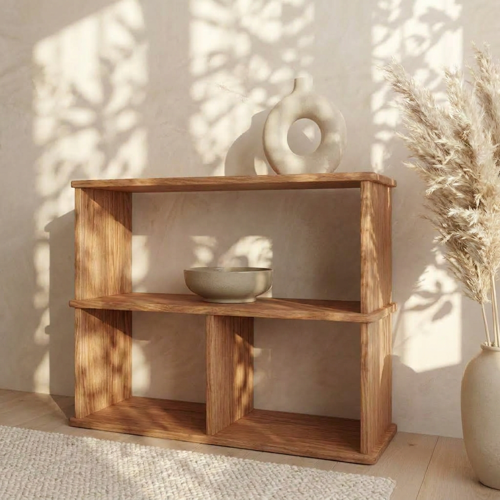 A console bookcase in red oak displays a beige bowl and a sculptural vase. Nearby, a vase of dried pampas grass rests on the floor as sunlight casts soft shadows, creating a calm, minimalist atmosphere.
